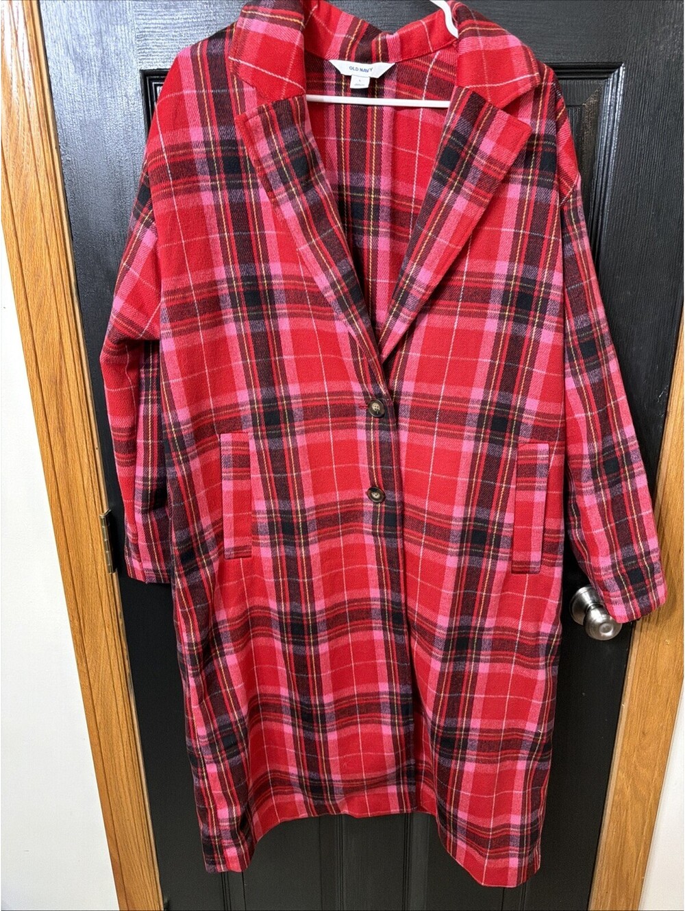 Old Navy Women Long Coat Red Tartan Plaid Sz L Oversized Soft Pockets - Picture 2 of 7